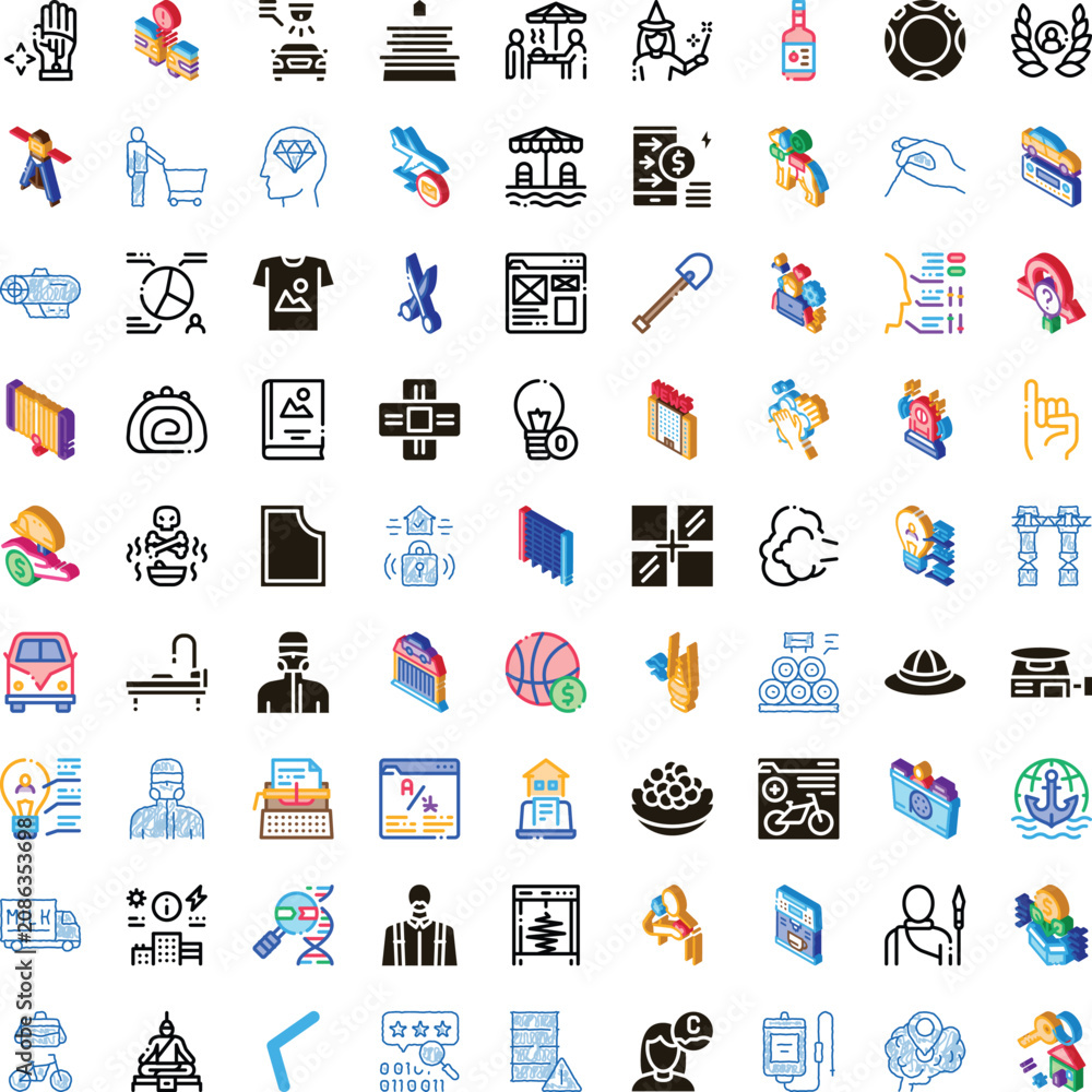 Fototapeta premium Collection of various icons depicting concepts across business, technology, communication, education, health, finance, design, and lifestyle, perfect for diverse digital applications