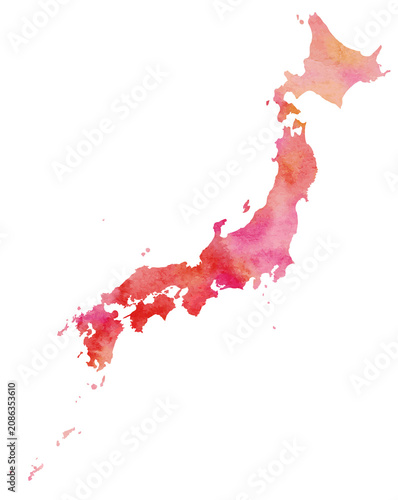 水彩風のカラフルな日本地図・赤