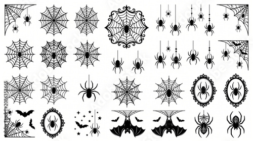 Halloween spider and spiderweb silhouette icon bundle featuring creepy cobwebs hanging spiders bats and gothic frames set isolated on white background for spooky horror holiday graphic elements