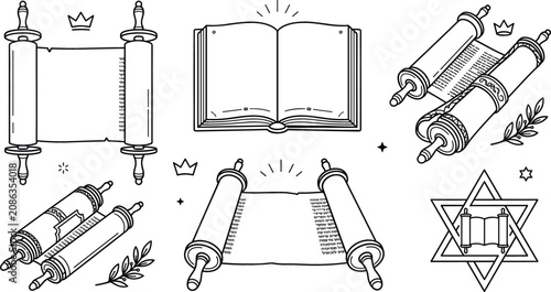 Fotografía Torah scroll and holy bible line art vector icons set featuring star of david cr