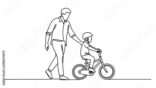 Tableau sur toile Father teaching his little son how to ride a bicycle for the first time as a sin