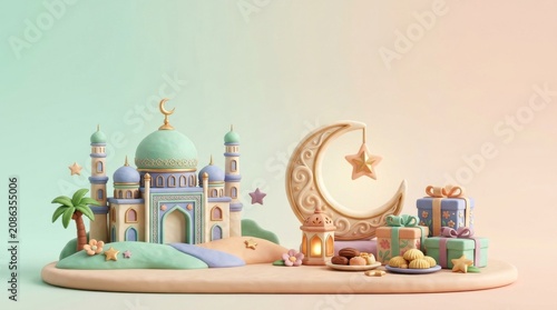 Eid al Fitr Mosque with Crescent Moon and Gift Boxes