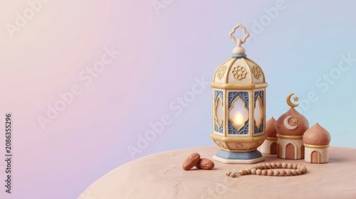Ramadan lantern prayer beads and mosque clay model