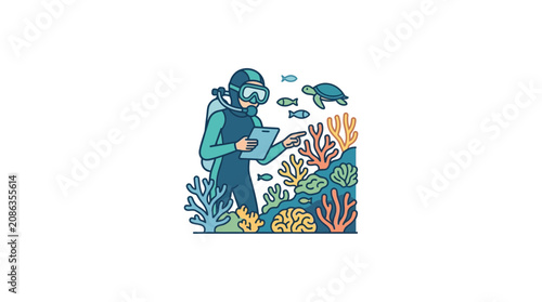 Foto Scuba Diver Studying Coral Reef Ecosystem with Turtle and Fish