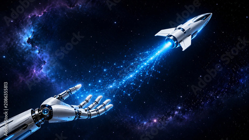 AI Robotic Hand Launching Futuristic Spacecraft into Deep Space Innovation Concept