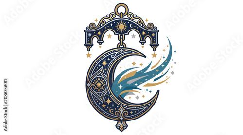 A mystical crescent moon pendant with intricate designs and a blue bird flying out of it, set against a starry night sky with a touch of magic and wonder.