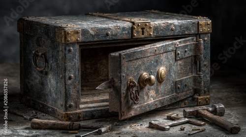 Antique safe with its door pried open and tools scattered nearby.
