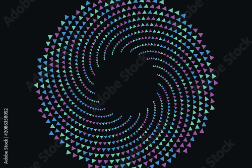 Spiral pattern of small triangles in cyan, blue, and purple arranged on a solid black background