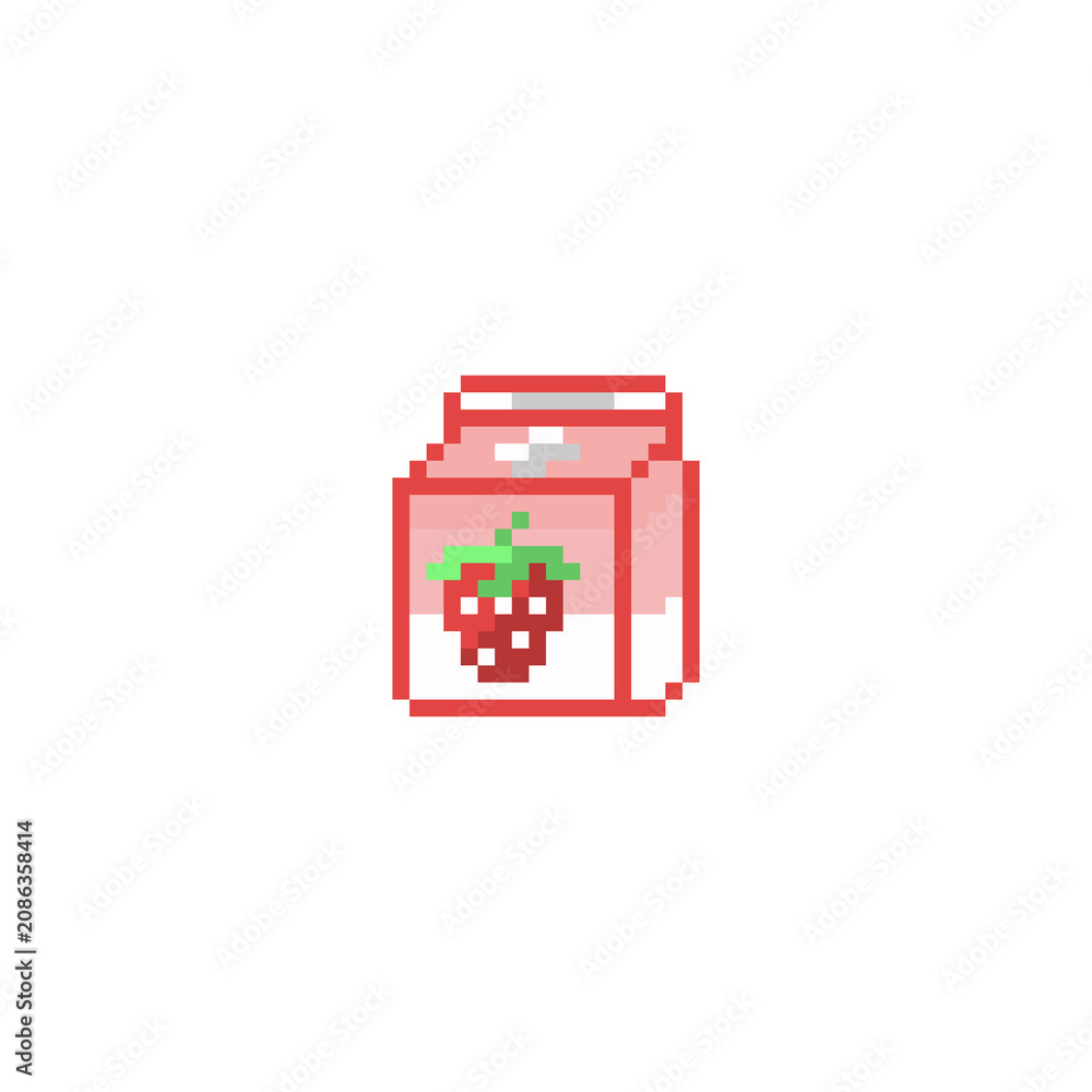 Obraz premium Cute Strawberry Milk Carton Pixel Art Drink for School Lunch