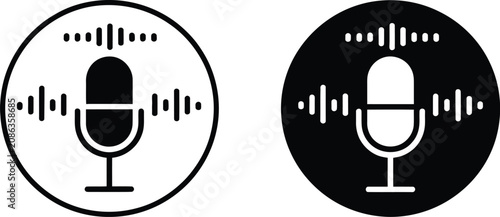 Fotografía Microphone with sound wave icon podcast and recording symbol in black circle for