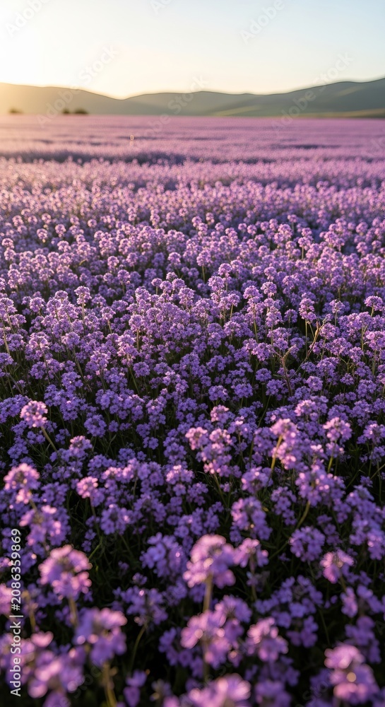 Fototapeta premium Vast Field of Purple Flowers Under a Golden Sunset Sky.
