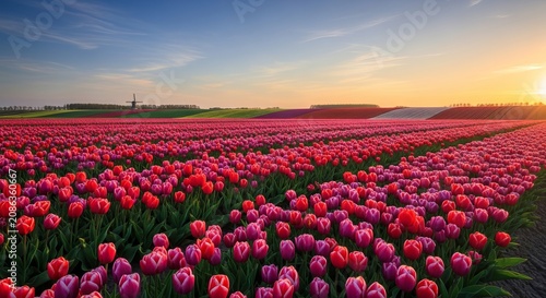 Vast Field of Pink Tulips at Sunset.