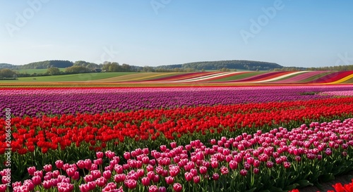 Vibrant Tulip Fields Under a Clear Blue Sky.