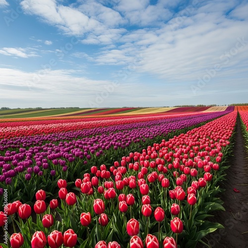 Vast Tulip Field in Full Bloom Under a Cloudy Sky.