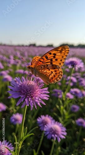 Close-up of a beautiful orange butterfly resting on a vibrant purple flower in a field.