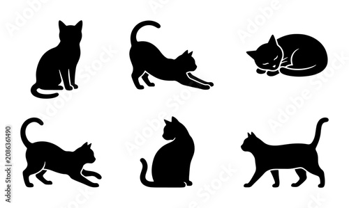 Fotografie Black Cat Silhouettes Vector Set, Feline Poses Collection, Domestic Pet Graphics