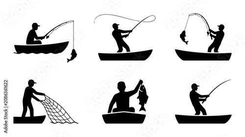 фотографія Fishing Silhouettes: Angler in Boat, Catching Fish, Netting, Recreational Activi