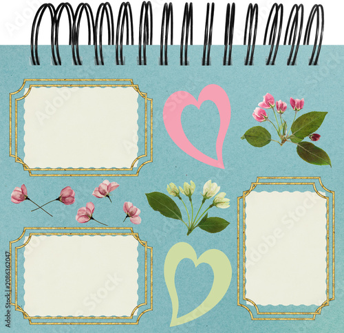 Photo album layout with empty photo frames. Page for stories. Scrapbook composition with floral elements. Page from an old photo album. Dried pressed geranium flowers. For invitations und greetings.