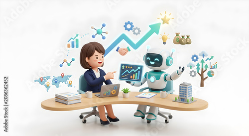 Human and AI Business Growth Planning. Minimal 3D illustration.
