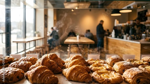 Assortment of delicious pastries and croissants on display in bakery window.