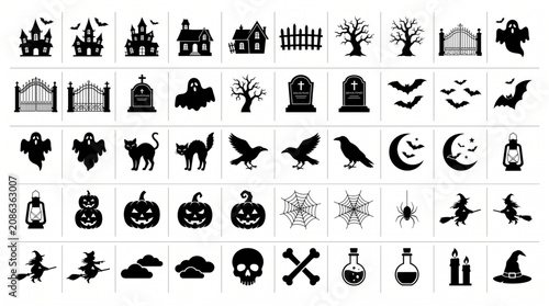 Photos Halloween silhouette icon bundle vector featuring spooky haunted house ghosts gr