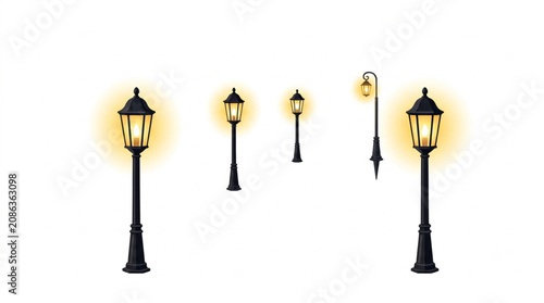 Tableau sur toile Set Ilustrasi Vektor Lampu Jalan Antik yang Menyala di Latar Belakang Putih