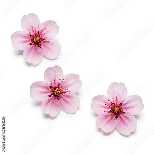 Three delicate pink cherry blossom flowers isolated on a white background.