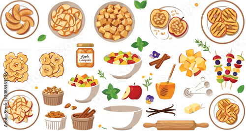 Quadro su tela Delicious apple dessert recipes element set with pie fillings compote skewers ba