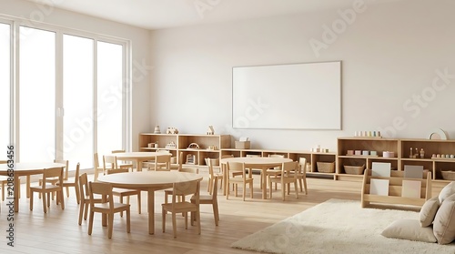 Bright scandinavian style classroom with round wooden tables and chairs