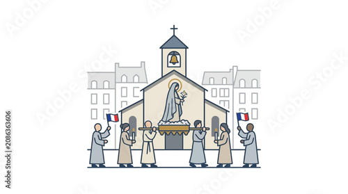 Photos Religious Procession with Statue of Virgin Mary in Front of Church, France