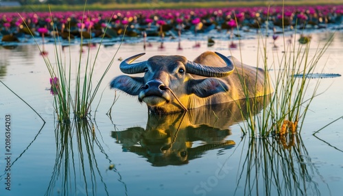 Water Buffalo in Blooming Wetland at Sunset