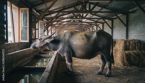 Water buffalo standing in rustic barn with hay and natural light