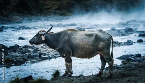 Water Buffalo Standing by Misty River in Mountain Landscape