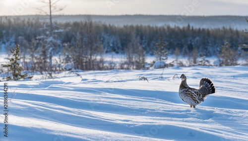Ruffed Grouse Standing in Snowy Winter Forest at Sunrise