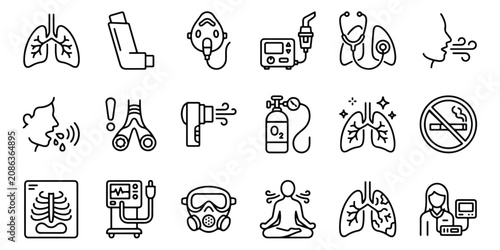 Foto Respiratory health and lung care icons, 18 asthma and breathing treatment line v