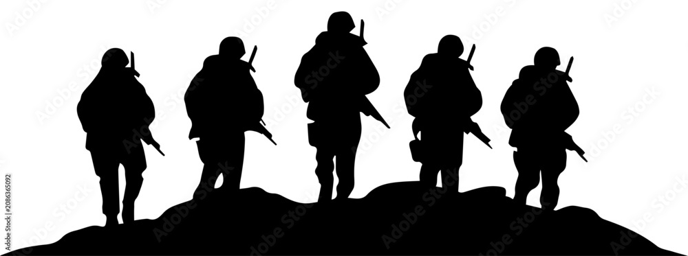 Fototapeta premium Black silhouette of five military soldiers patrol walking on a hill, infantry troops in combat gear with rifles vector illustration on white
