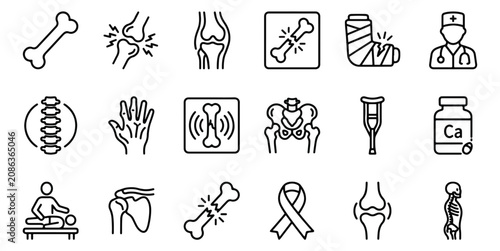 Cuadro en lienzo Orthopedic medical line icons set, 18 bone and joint health vector symbols, skel