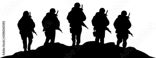 Obraz na plátně Black silhouette of five military soldiers patrol walking on a hill, infantry tr