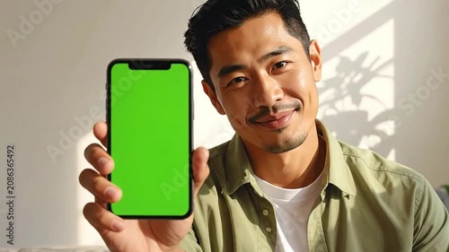 A smiling man holds a smartphone with a green screen display