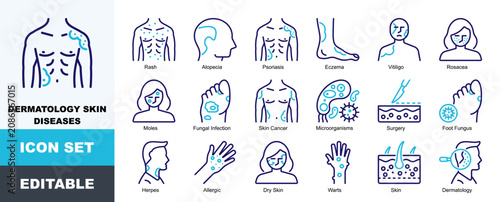 Cuadro en lienzo Dermatology Skin Diseases Icon Pack Featuring Rash, Alopecia, Psoriasis, Eczema,