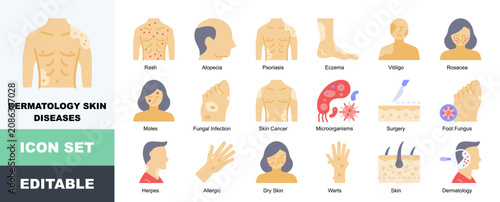 Schilderij op canvas Dermatology Skin Diseases Icon Pack Featuring Rash, Alopecia, Psoriasis, Eczema,
