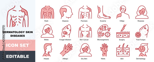 Tableau sur toile Dermatology Skin Diseases Icon Pack Featuring Rash, Alopecia, Psoriasis, Eczema,