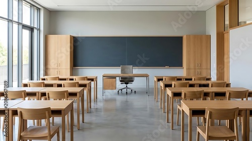 Empty classroom interior with wooden desks and blackboard for education
