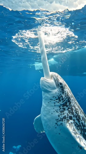 Beluga whale swimming underwater towards surface.