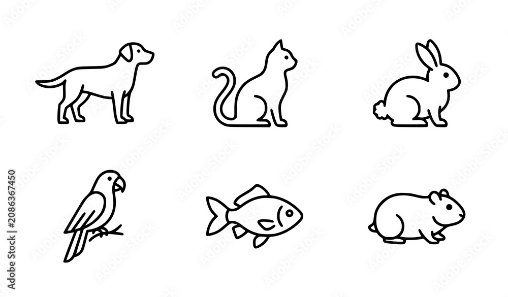 Fototapeta premium Minimal pet side profile icons thin line dog cat animal vector set EPS