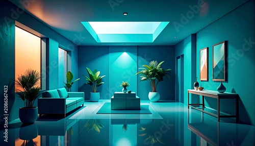 Minimalist Teal Studio Scene with Geometric Shapes and Plants. concept