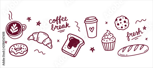 Hand drawn breakfast and coffee doodle set for cafes and bakeries