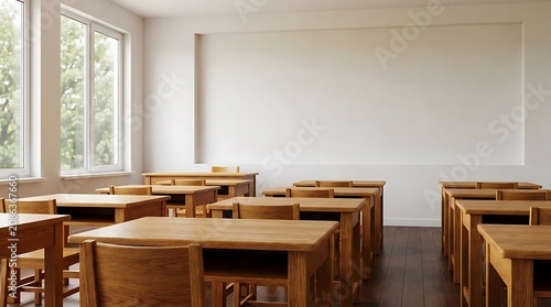 Empty classroom interior with wooden desks and natural light