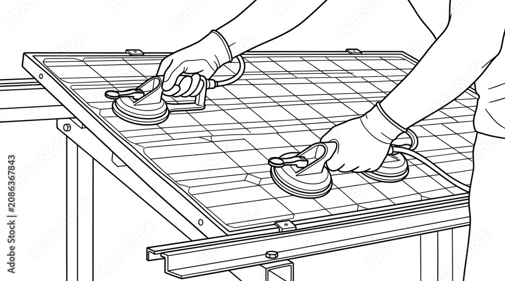 Fototapeta premium Technician Installing Solar Panel Using Suction Cup Lifting Tools Line Art Illustration