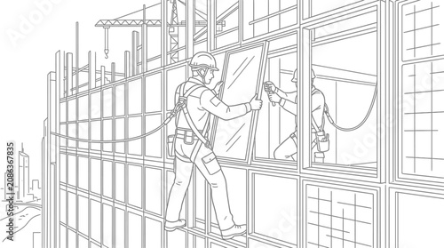 Construction Workers Installing Glass Windows on Modern Skyscraper Facade Line Art Illustration